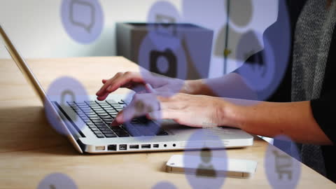 Woman Typing on Laptop with Digital Security Overlay