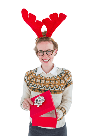 Cheerful Woman Wearing Reindeer Antlers Holding Gift Box on Transparent Background