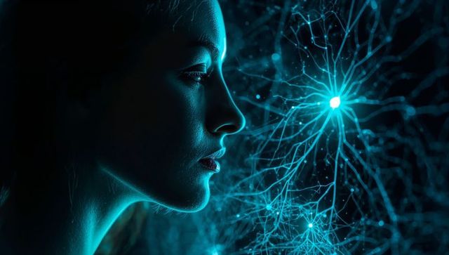 Gazing woman facing glowing neural network with teal bioluminescent nodes and rimlight