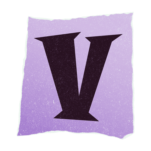 Vintage letter v on textured purple torn paper, transparent background