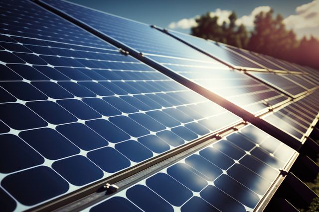 Solar panels capturing sunlight for generating renewable energy. Traditional form of sustainable power source providing clean energy solutions. Ideal for use in topics related to green technology, alternative energy, and environmental conservation.