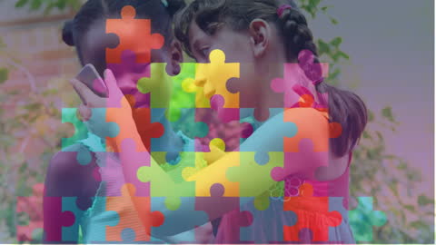 Diverse Girls Sharing Moment with Multicolored Puzzle Overlay