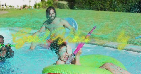 Sunlit backyard pool party woman aiming pink water gun from neon green donut float summer