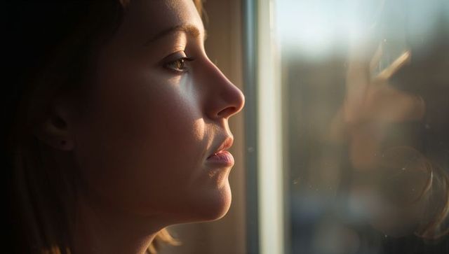 Gazing woman reflecting in sunlit window, bathing face in warm golden light