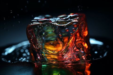Melting ice cube with vibrant colors on black surface