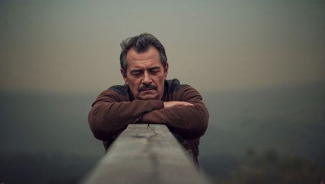 Solitary middle-aged man leaning on weathered railing overlooking misty clifftop horizon