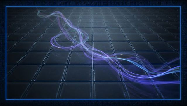 Translucent neon ribbon weaving across metallic grid platform with blue holographic frame