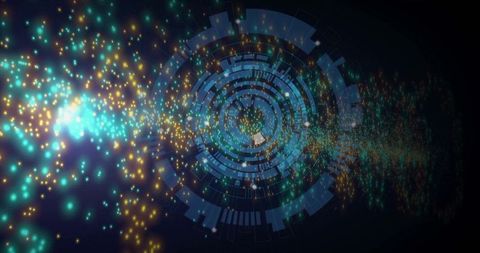 Futuristic holographic interface with vibrant digital particles