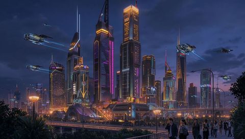 Glowing neon towers dominating dusk skyline with flying vehicles and commuter viaduct