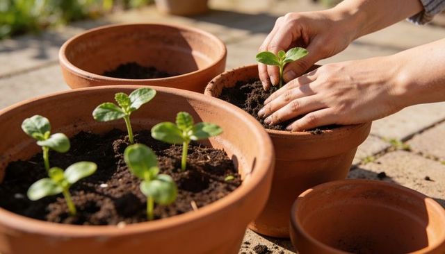 Sunlit hands planting seedlings in terracotta pots on patio for container gardening and spring