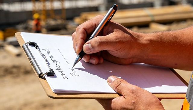 Construction worker writing safety checklist on clipboard at sunlit building site