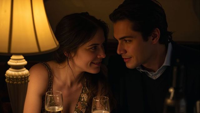 Intimate couple sharing warm lamp-lit dinner gaze in cozy romantic restaurant booth