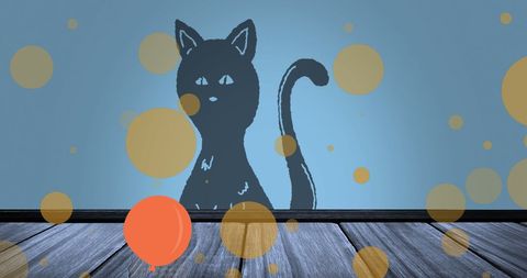 Cat Silhouette with Light Spots on Blue Background