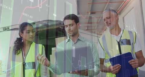 Diverse Co-workers Analyzing Data Overlaid with Stock Graph