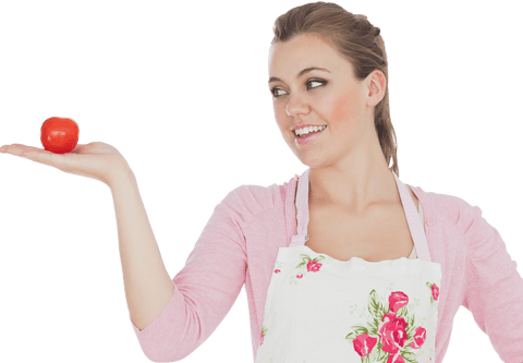 smiling woman holding tomato with flower apron on transparent background - Download Free Stock Videos Pikwizard.com