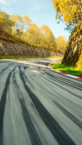 Approaching Corner Tracking Shot with Skid Marks on Curving Rural Track in Autumn Vertical