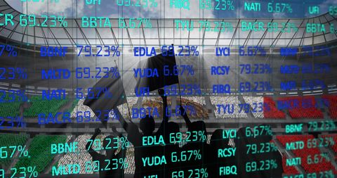 Digital Financial Data Overlapping Vibrant Stadium Crowd