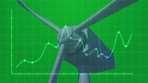 Wind Turbine with Data Line Graph on Futuristic Green Grid