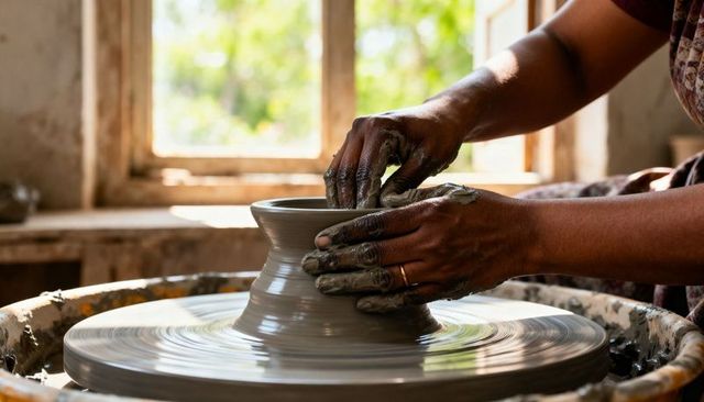 Sunlit pottery wheel closeup shaping clay — artisan hands crafting smooth ceramic vessel
