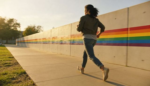 Female jogger running past pride rainbow mural on urban park walkway at golden hour