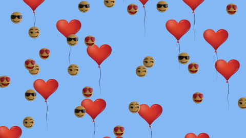 Vibrant Falling Social Media Emojis and Heart Balloons on Blue