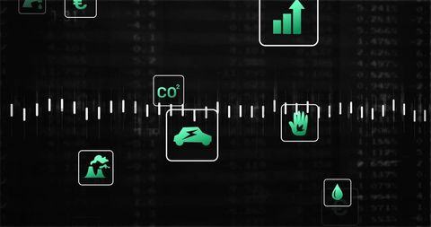Electric vehicle emissions dashboard showing co2 impact on waveform timeline and analytics
