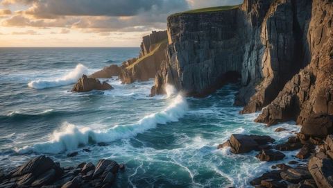 Dramatic Waves Crashing Against Remote Rocky Cliffs at Sunset