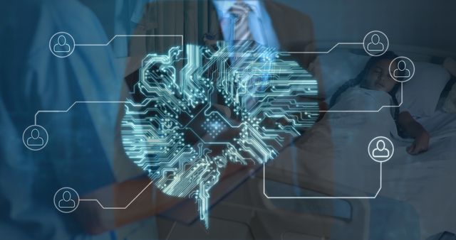 Image of caucasian businessman and brain with computer circuit board over diverse doctors. global medicine, healthcare and connections concept digitally generated image.