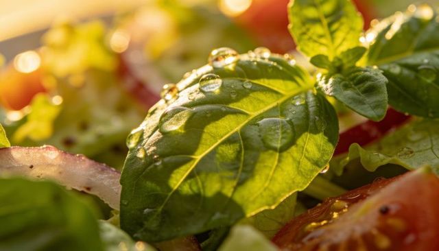 Sunlit basil leaf with dew droplets close-up on fresh salad with tomato and onion