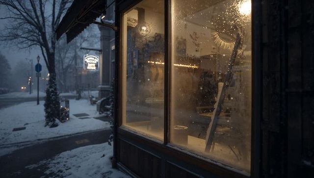 Warm shop window glowing through fogged glass on snowy dusk street with ladder inside