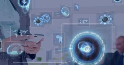 Business executive using holographic interface in modern office