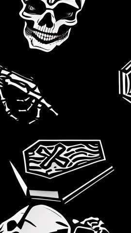 Animating skeleton hand rising over coffin with cross vertical loop for gothic horror scenes