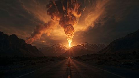 Dramatic eruption airstrikes plume over mountain road at dusk