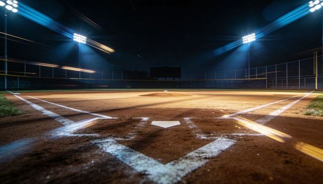 Home plate glowing under stadium floodlights night empty baseball infield closeup