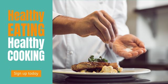 Ideal for promoting cooking classes, healthy eating campaigns, food magazines, and wellness programs. Highlights professional culinary skills and healthy food preparation encouraging participation in cooking workshop or healthy lifestyle promotion.