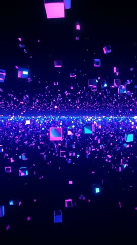 Vertical video neon horizon magenta cyan cubes drifting over mirrored floor futuristic loop