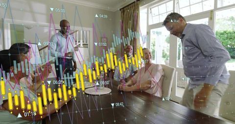 Multigenerational family discussing finances at home with digital stock charts overlay