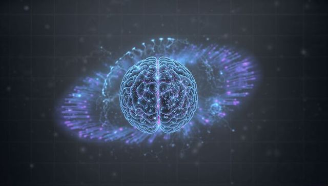 Holographic brain rotating over neural network visualization with glowing nodes