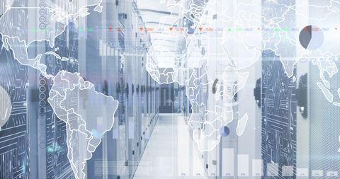 World Map and Data Overlay in Server Room - Download Free Stock Images Pikwizard.com