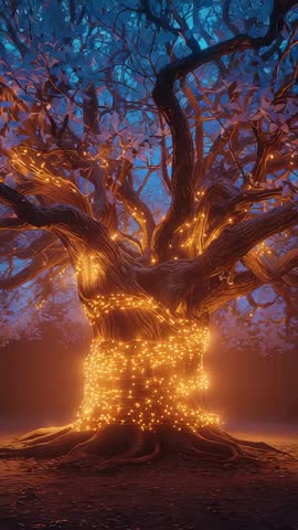 Vertical video panning across enchanted tree wrapped in pulsing orange lights at dusk