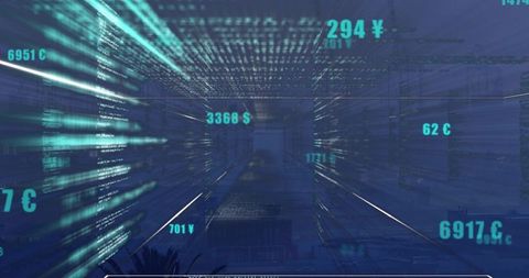 Holographic currency streams and code columns converging toward vanishing point in cyan HUD corridor