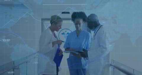 Medical professionals examining digital data analysis globally