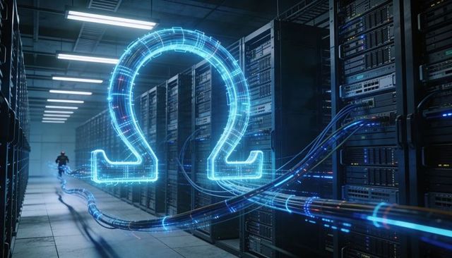 Neon Omega Hologram Connecting Fiber Cables Through Futuristic Datacenter Aisle