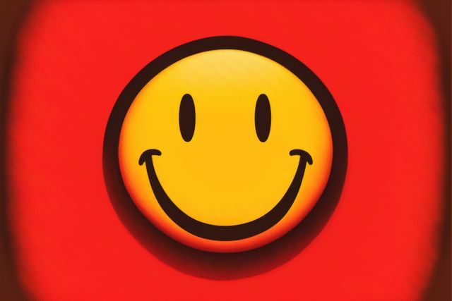 Retro yellow smiley icon on red background, created using generative ai technology. Social media and communication concept digitally generated image.