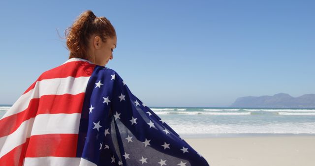 Woman with American Flag Beach Outdoors Patriotism Concept - Download Free Stock Images Pikwizard.com