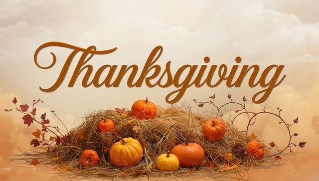 Thanksgiving harvest display with pumpkins on hay, autumn leaves and handlettered script