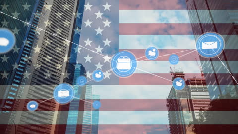 Digital Communication Icons Overlaid on American Flag and Cityscape