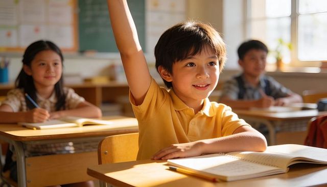 Smiling elementary boy raising hand while studying at sunlit classroom desk with notebook