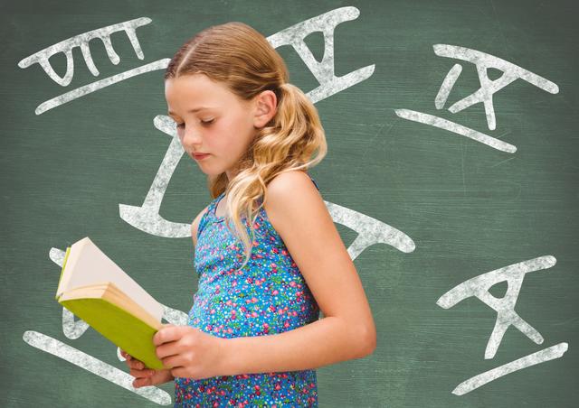 Digital composition of girl reading a book against roman numerals on green board