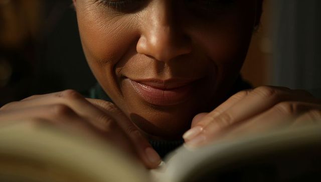 Intimate closeup of woman reading book by warm light, smiling and holding pages, cozy evening mood